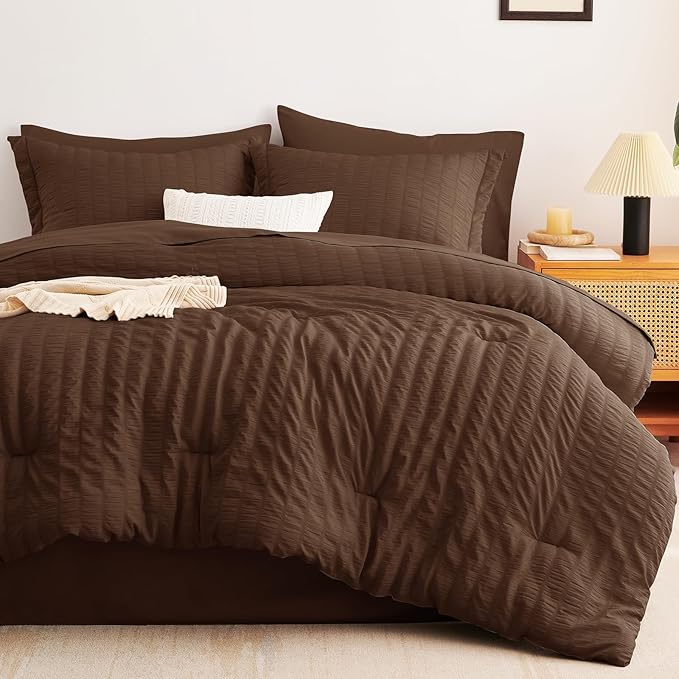 CozyLux Full Size Comforter Sets with Sheets 7 Pieces, Brown Seersucker Bed in a Bag Textured Luxury Soft Bedding Set with Down Alternative Comforter, Sheets, Pillowcases & Shams for All Seasons