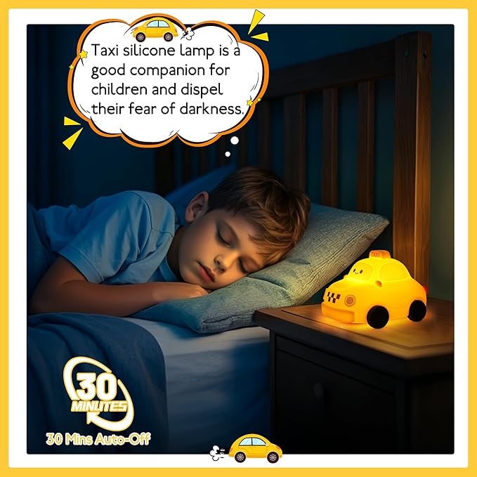 Car Night Light for Kids - 2-in-1 Dimmer & Timer, Rechargeable Squishy Silicone Baby Lamp, Cute Taxi Car Nightlight for Boys Girls Birthday Xmas Gifts Bedroom Decor Lamp