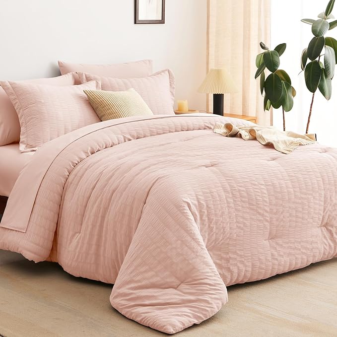 CozyLux Queen Comforter Set Blush Pink Seersucker 7 Pieces Bed in a Bag Queen Comforter Set with Sheets, Luxury Soft Bedding Set with Down Alternative Comforter, Sheets, Pillowcases & Shams All Season