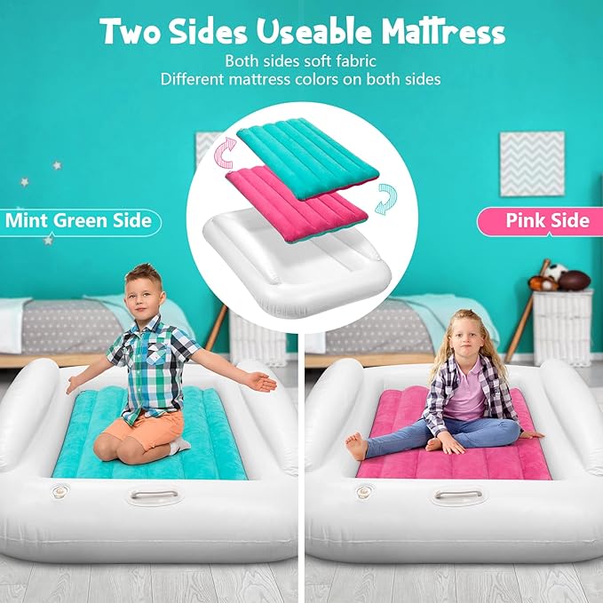Inflatable Toddler Travel Bed, Portable Toddler Bed | Kids Air Mattress with Sides | Reversible 2 Colors Kids Blow Up Mattress -Mint Green & Pink