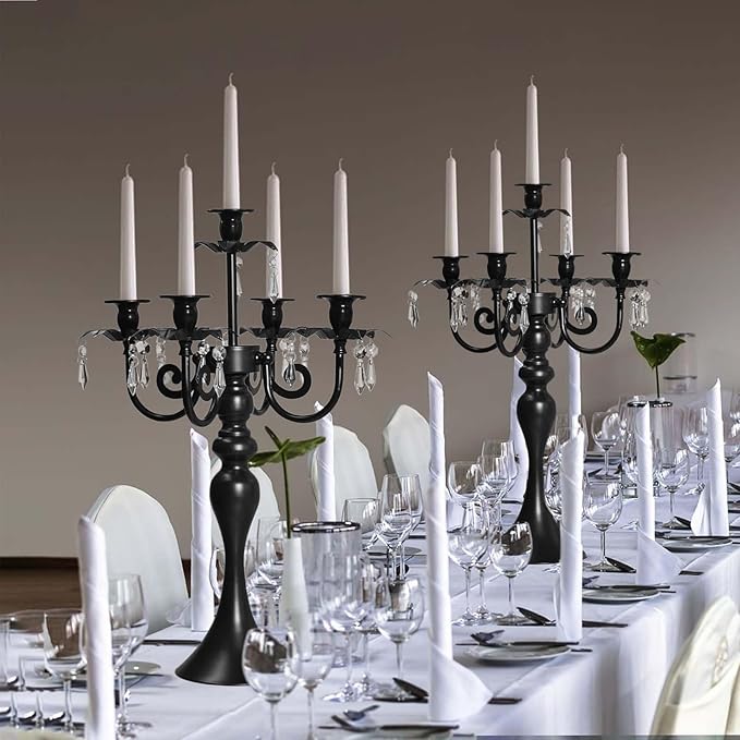20''Tall Black Crystal Pendant Taper Candle Holders/Stylish Candle Stands/Candlesticks Holder/Candelabra for Home Decor, Weddings/Parties/Elegant Dining Table Centerpiece (2, Black, 5 Arm)