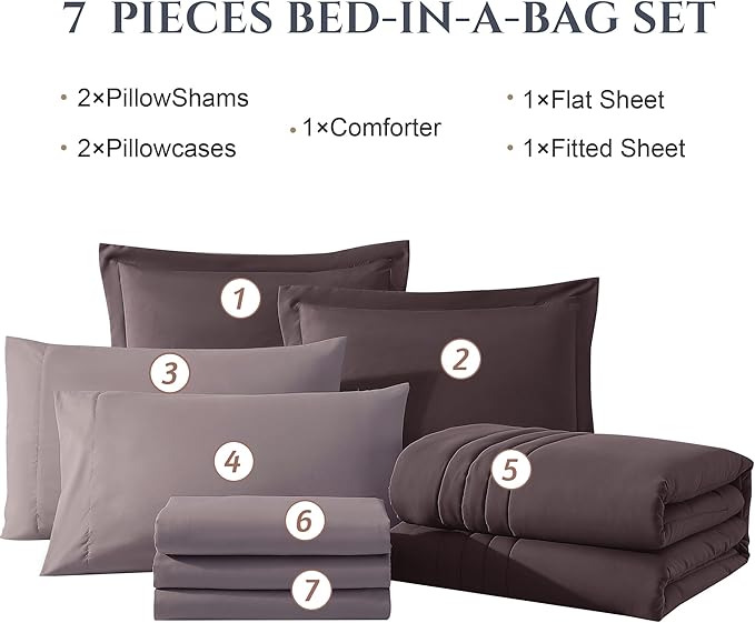 Monbix King Size Comforter Set - 7 Pieces Bed in a Bag King, ltalian Plum Bedding Sets with Comforter, All Seasons Down Alternative Comforter Bed Set with Sheets, Pillowcases & Shams