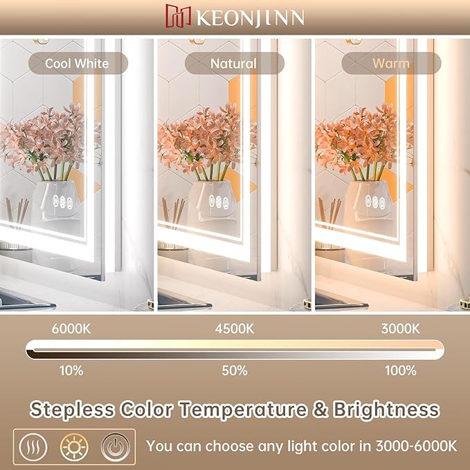 Keonjinn LED Bathroom Mirror 48 x 36 in with Backlit and Front Lights, Stepless 3 Colors Temperature & Dimmable Wall Mirror, UL Listed LED Driver, Tempered Glass Double Lighted Bathroom Vanity Mirror