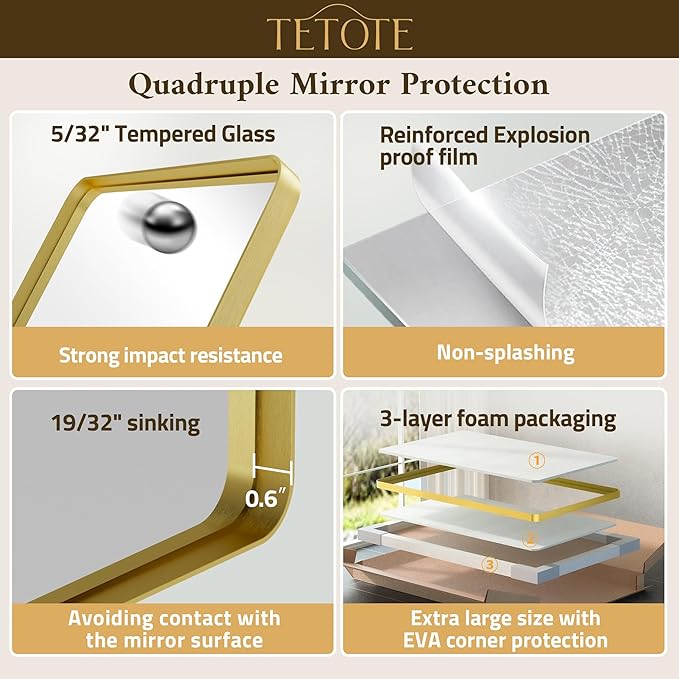 TETOTE Brushed Gold Bathroom Mirror 40 x 24 Gold Metal Framed Bathroom Mirror, Tempered Glass, Modern Farmhouse Wall Mounted Mirror for Decorative(Horizontal/Vertical)
