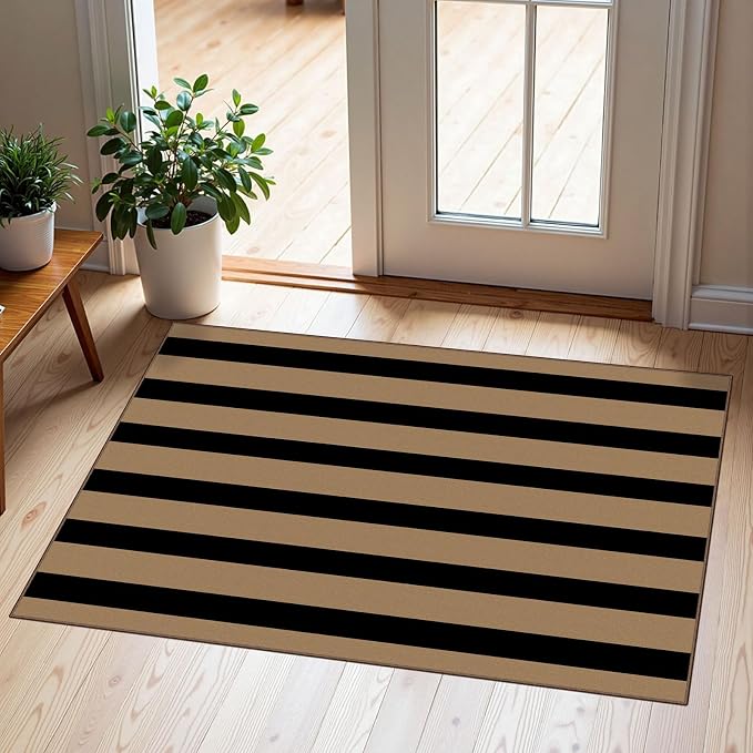 Front Door Mat Indoor Outside Entrance 2x3 Black Tan Striped Rug | Non-Slip by Othilic