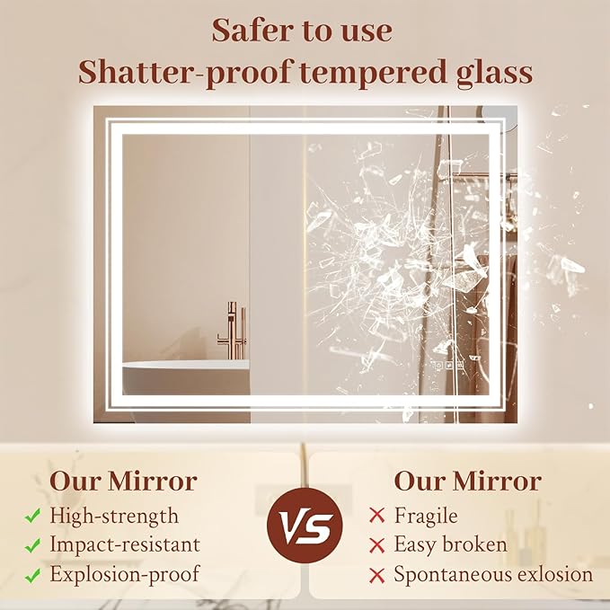 40x36 LED Mirror for Bathroom with Front and Backlit Light Up Digital Mirrors for Wall,Anti Fog,Stepless Dimmable,Tempered Silver Glass Smart Vanity Mirror for Bathroom