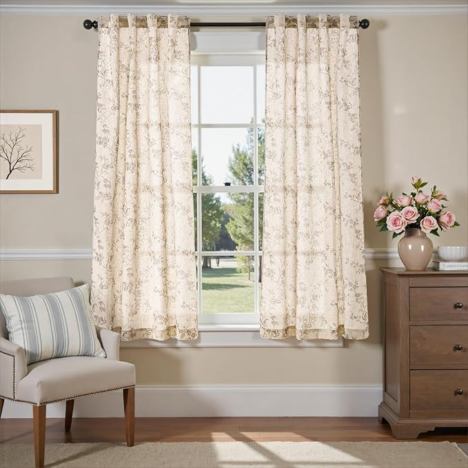 Taupe Vintage Floral Linen Curtains Farmhouse 38W X 63L 2 Panels | Elisa Series - Image 2