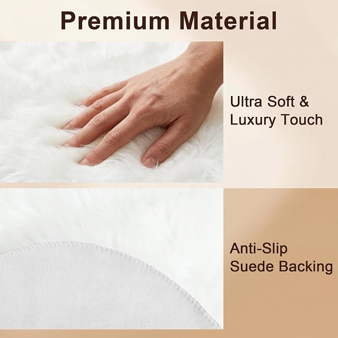 duduta White Faux Fur Sheepskin Round Rug 4x4 ft, Fluffy Shag Circle Rug | Shag - Image 3