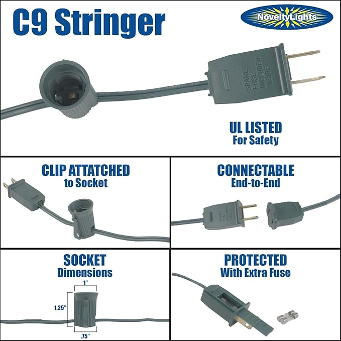 25 Foot C9 Purple Ceramic Christmas String Light Set - Outdoor Roofline Lights - Opaque Bulbs - Green Wire
