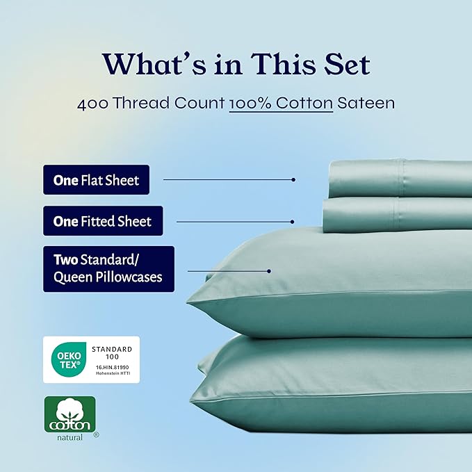 California Design Den Natural 100% Cotton Sheets, Soft Queen Sheet Set, 400 Thread Count Sateen, Deep Pockets with All-Around Elastic for a Snug Fit, Cool & Durable Bedding Set - Teal