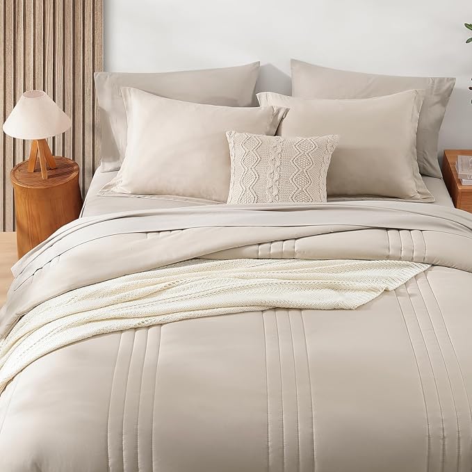 Monbix Oversized Queen Comforter Set - 7 Pieces Apricot Beige Bed in a Bag Queen Bedding Sets with Comforters, All Seasons Down Alternative Comforter Bed Set with Sheets,Pillowcases & Shams