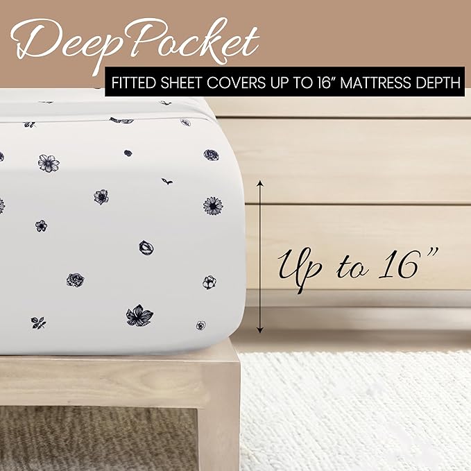 Linen Market Double-Brushed Patterned Microfiber Full Sheet Set 4 Piece – Oeko-TEX Certified Ultra Soft & Wrinkle-Free - 16" Deep Pocket Sheets - Easy Care Full Size - Indigo Flowers Navy