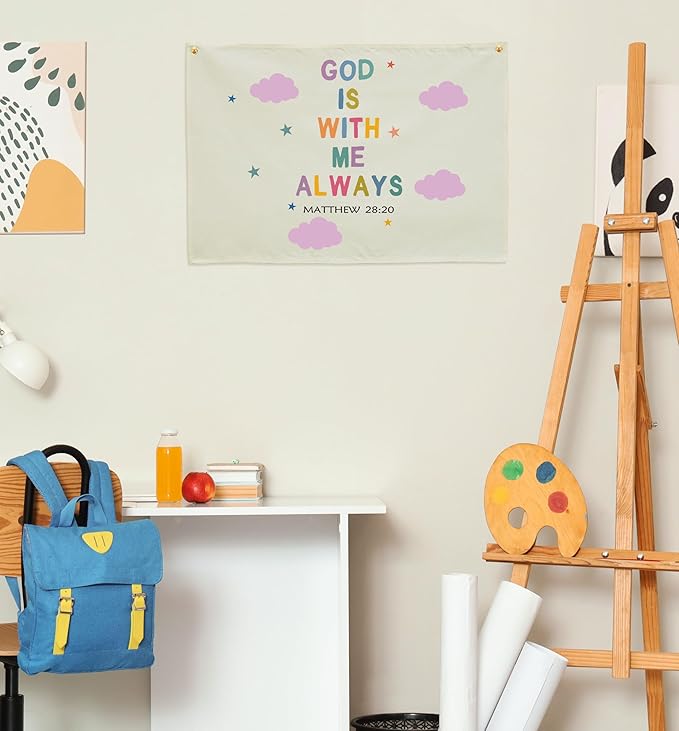 Christian Bible Verse Scripture Rectangular Banner Flag Wall Sign Decor Gift for Baby Girls-Nursery Baby Room Bedroom Decor-Baby,Shower Birthday Christmas Gift-God Is with Me Always