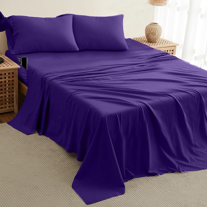 DREAMCARE Queen Size Sheets - Cooling Bed Sheets - 4pcs Set - up to 15" Deep Pocket Queen Sheet Set - Sheets Queen Size Bed - Soft & Long Lasting 100% Fine Brushed Polyester with Side Pocket -Purple