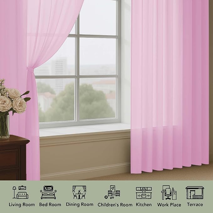Pink Sheer Curtain 90 Inches Long 2 Panels Set, Solid Filmy Drapes - Image 7