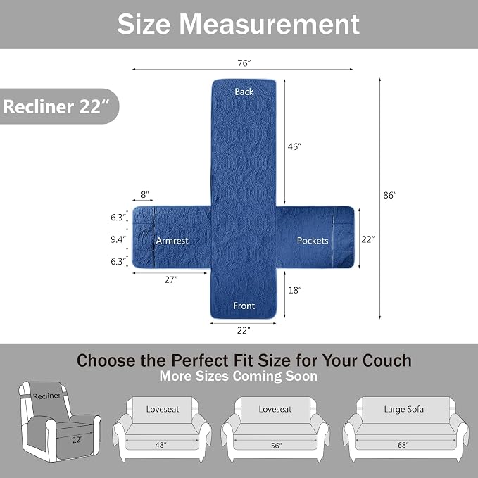 Blue Quilted Recliner Covers, Waterproof Recliner Chair Covers, Lazy Boy Chair - Image 6