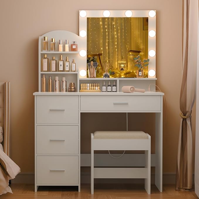 Quimoo Makeup Vanity with 10 Light Bulbs and Charging Station, Vanity Desk with Lighted Mirror & 4 Drawers, Vanity Table Set with Cushioned Stool,White