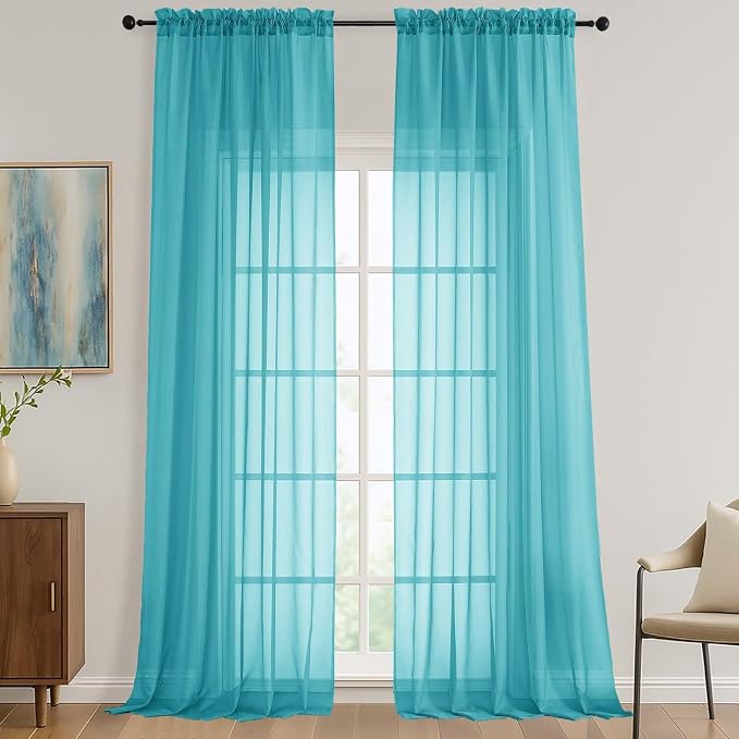 Sheer Turquoise Curtains 108 Inches Long 2 Panels Set, 59 Inch Extra Wide by OVZME