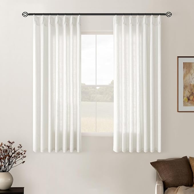 Beige White Pinch Pleat Linen Kitchen Curtains 45 Inches Long 2 Panels Set | by Twodrapes