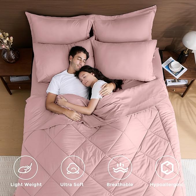 HEVUMYI Rose Gold Queen Comforter Set - 7-Piece All Season Bed in a Bag Queen, Ultra Soft Bedding Set with Comforter, Flat Sheet, Fitted Sheet, Pillowcases, Pillow Shams