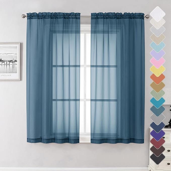 Dusty Blue Sheer Curtains 63 Inch Length 2 Panels, Light Filtering Voile by Lecloud