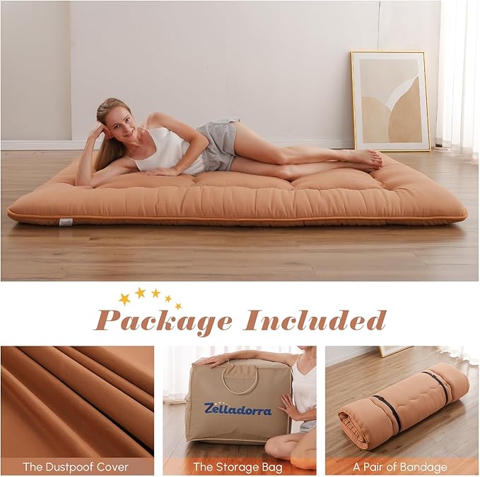 Japanese Floor Mattress, Futon Mattress with Portable Storage Bag and Washable Cover, Roll Up Thick Tatami Mat Suitable for Camping, Guest Room, Light Coffee, Full