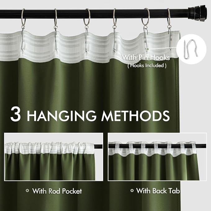MIULEE Olive Green Back Tab Blackout Curtains 52x108 Inch Long 2 Panels Set | - Image 3