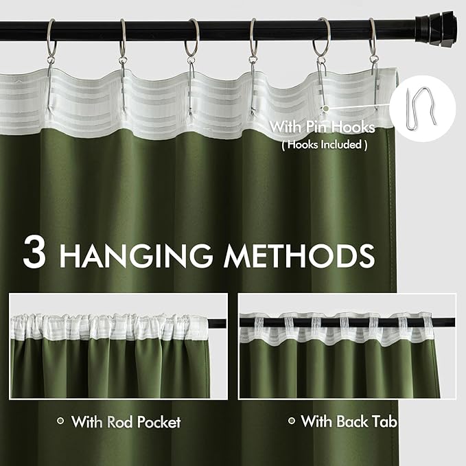 MIULEE Olive Green Back Tab Blackout Curtains 52x102 Inch Long 2 Panels Set | - Image 3