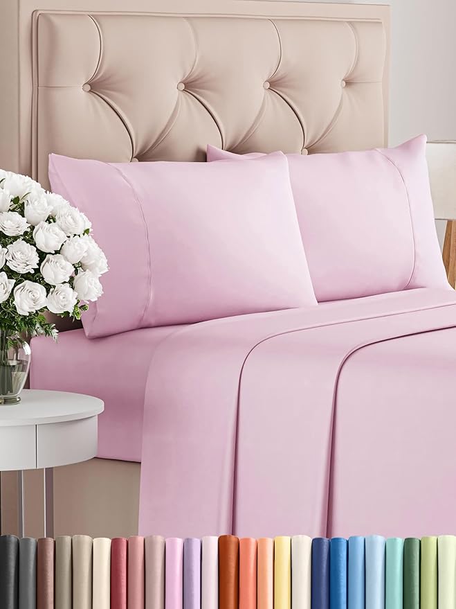 Twin XL 4 Piece Sheet Set - Comfy Breathable & Cooling - Ultra Soft Hotel Luxury Bedding Set w/ 8-16 Inch Deep Pockets - 1 Flat & 1 Fitted Sheet & 2 Pillowcases - Wrinkle Free & Easy Care - Light Pink