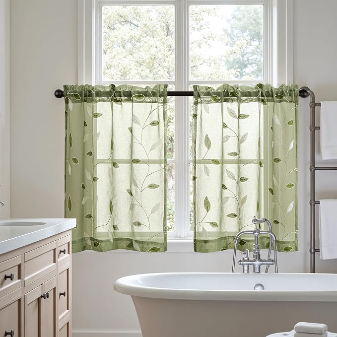MIULEE Sage Green Sheer 30x36 Inches 2 Panels Embroidered Leaf Patterned | - Image 7