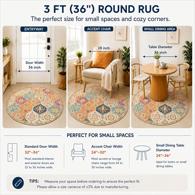 Lahome Round Moroccan Washable Rug, Soft Vintage Small Round Rug 3ft Non-Slip - Image 2
