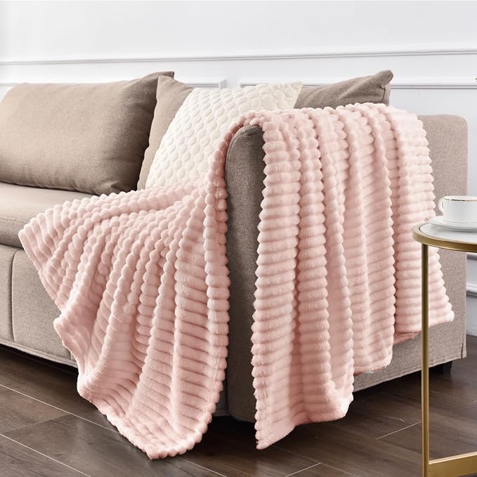 BEDELITE 3D Ribbed Light Pink Fleece Throw Blanket - Image 7
