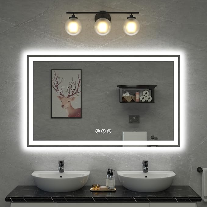 60"x 36" LED Bathroom Mirror, Double Lighting Sources Dimmable, Backlit + Front Lit, Anti-Fog, Stepless Dimmable, Lighted Bathroom Vanity Mirror for Wall Tempered Glass (Horizontal/Vertical)