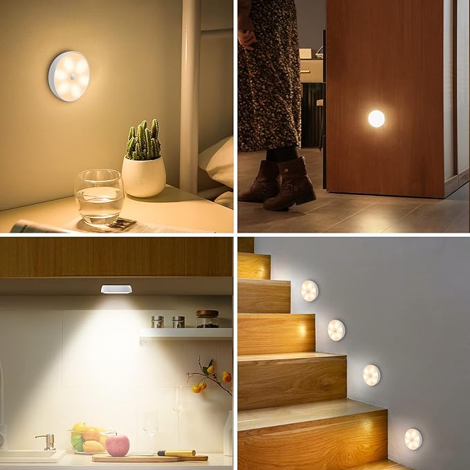 Motion Sensor Step Lights, 8 Colors Changeable RGB LED Closet Lights, USB Rechargeable Battery Operated Puck Light, Dimmable Under Cabinet Counter Kitchen Stair Lighting (5 Pack)