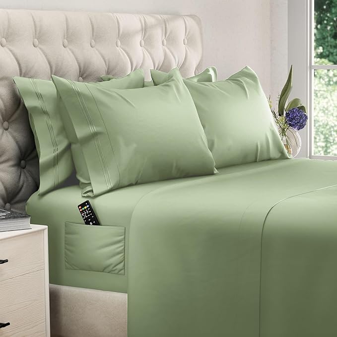 DREAMCARE Queen Sheet Set – 6 pcs Cooling Bed Sheets – up to 15” Deep Sheets Queen Size Bed Set – 2500 Supreme Collection – Extra Soft 100% Brushed Microfiber Hotel Luxury with Side Pocket –Sage Green