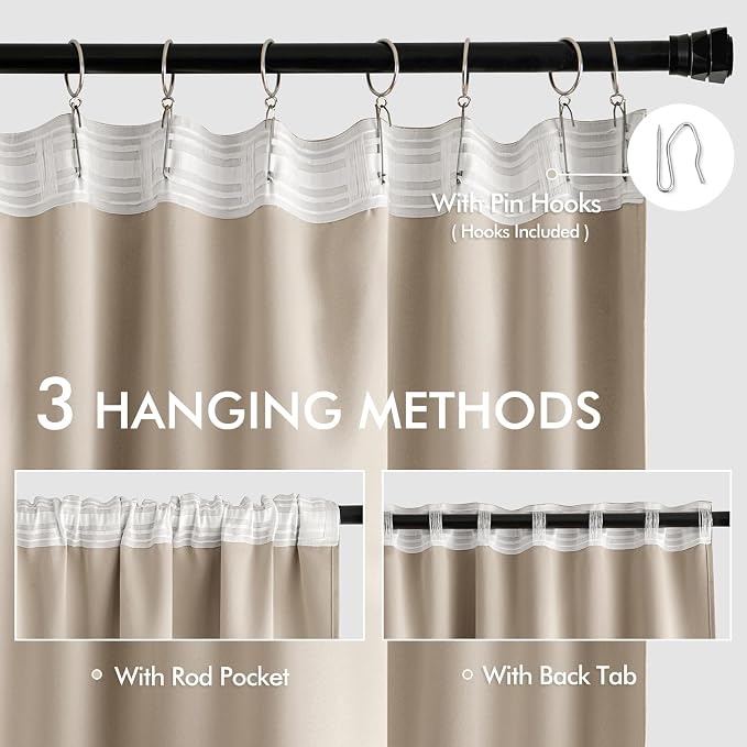 MIULEE Taupe Back Tab Blackout Curtains 52x84 Inch Length 2 Panels Set | Rod - Image 3