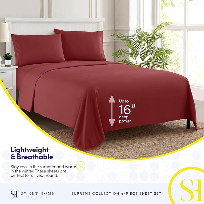 Split King Sheets - Breathable Luxury Sheets with Full Elastic & Secure Corner Straps Built In - 1800 Supreme Collection Extra Soft Deep Pocket Bedding Set, Sheet Set, Split King Size, Burgundy