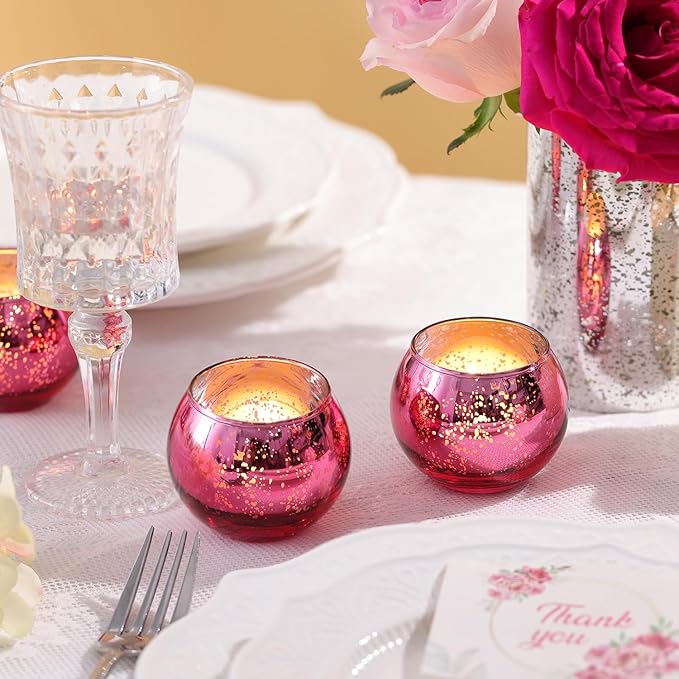 LAMORGIFT 12 Pcs Hot Pink Candle Holders for Barbie Birthday Party Decorations- Summer Bridal Shower Decorations, Votive Candle Holders for Wedding, Pink Candle Centerpieces for Disco, Cowgirl Party