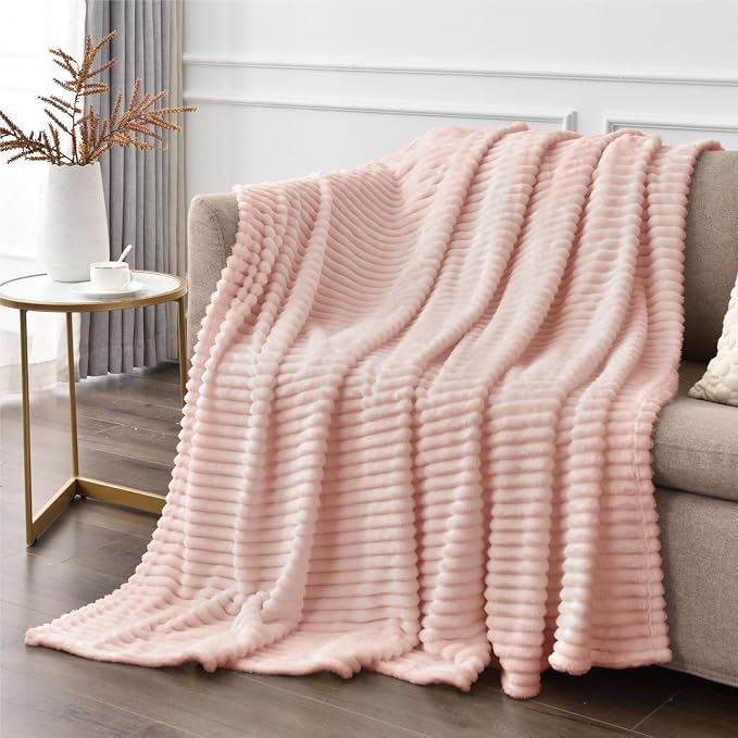 BEDELITE 3D Ribbed Light Pink Fleece Throw Blanket - Image 4