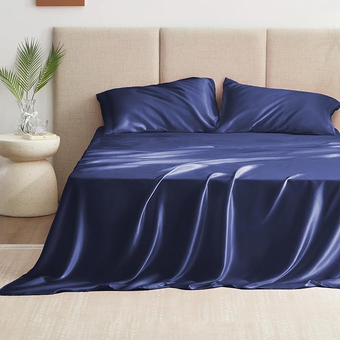 Love's cabin Twin Satin Sheet Sets - 3 Piece Navy Blue Silky Bed Sheets Twin with Deep Pockets, Luxury Silk Feel Satin Sheet Set Bedding Set (1 Flat Sheet,1 Fitted Sheet,1 Pillow case)