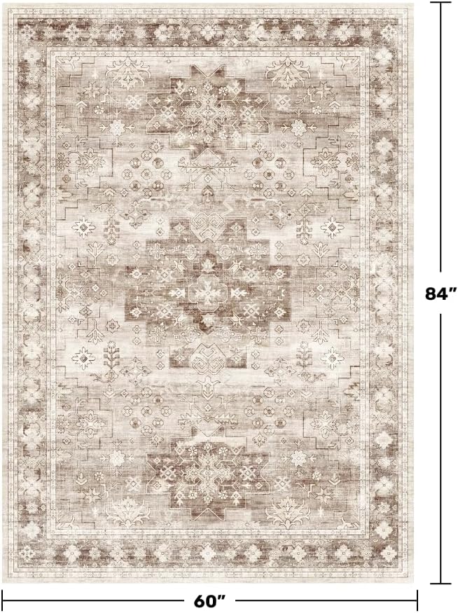 Washable Neutral Farmhouse Living Room Rug, 5x7 Area Rugs - Image 2