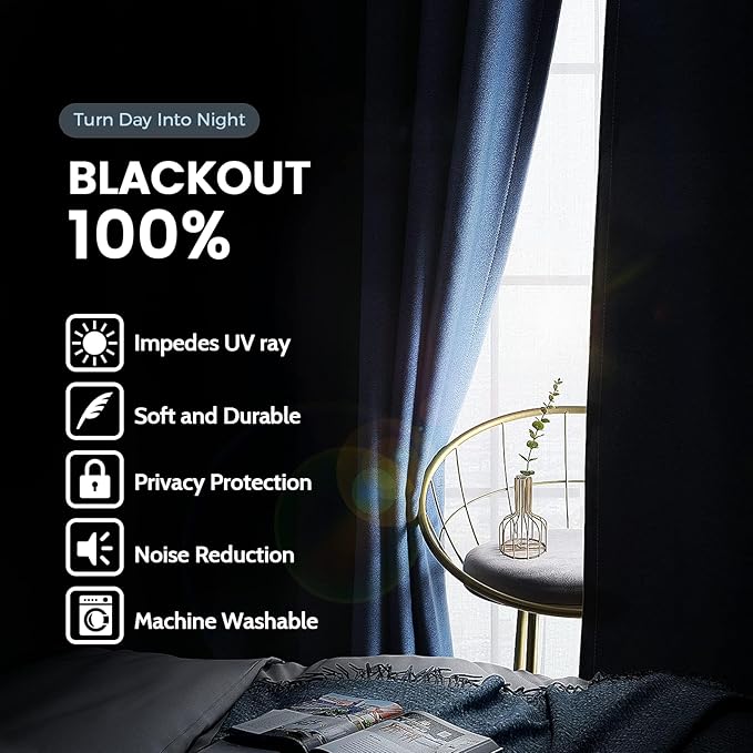 SimpleHome Navy Blue 100% Blackout Curtains Room Darkening Living Room 72 | - Image 3
