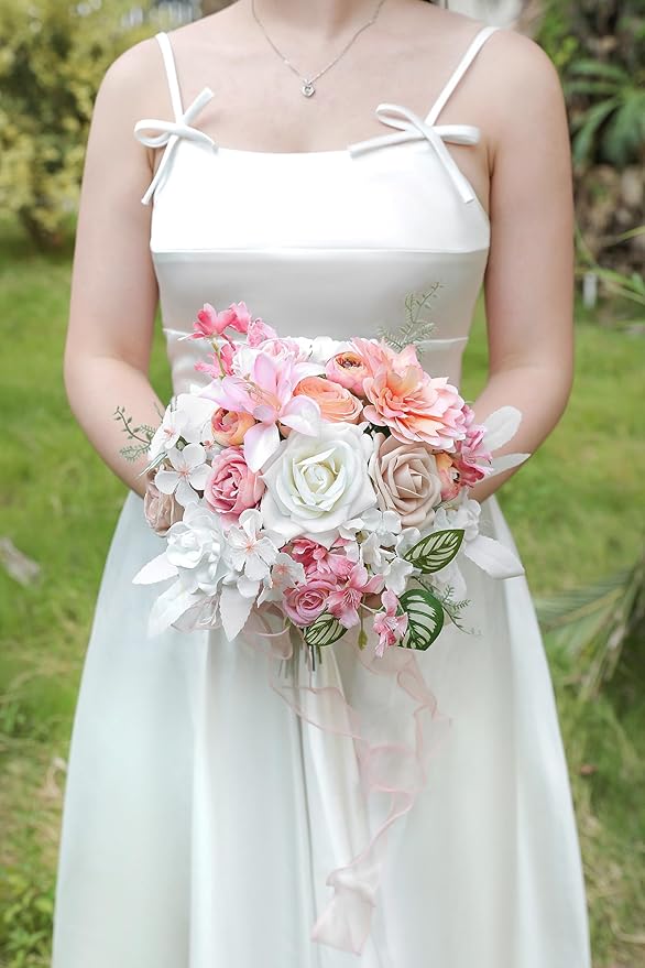 White Pink Artificial Flowers Silk Fake Roses Peonies Greenery Combo Box Set for DIY Wedding Bouquets Bridal Shower Centerpieces Floral Arrangements Party Tables Home Decoration