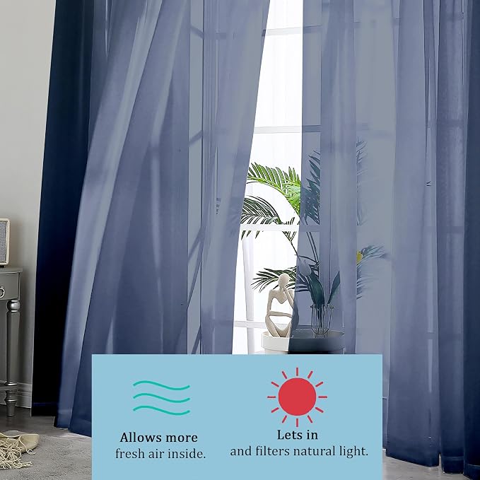 Blue Sheer Curtains, Sheer Curtains 84 inch Length 2 Panels Set, Rod Pocket - Image 5