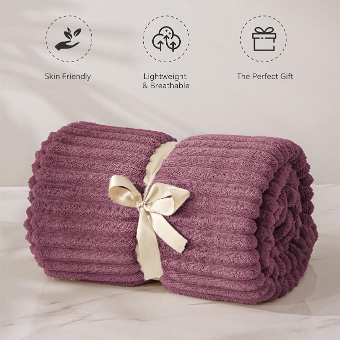 BEDELITE 3D Ribbed Jacquard Plum Fleece Throw Blanket - Image 4