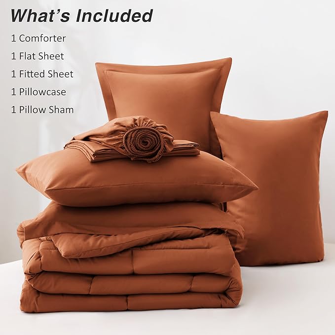 Love's cabin California King Comforter Set Burnt Orange, 7 Pieces California King Bed in a Bag, All Season Bedding Sets with 1 Comforter, 1 Flat Sheet, 1 Fitted Sheet, 2 Pillowcase and 2 Pillow Sham