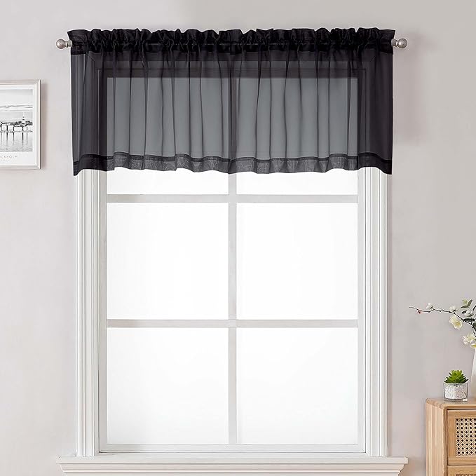 Black Sheer Valances for Windows 18 Inch Length 2 Pcs, Cafe Kitchen Curtains by Lecloud