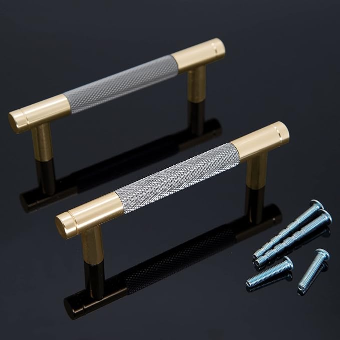 Knurled Cabinet Pulls 6 Pack, 5 Inch Long Cabinet Handles Metal Door Pulls, Kitchen Drawer Pull Knurled Dresser Handles - 3 3/4" Hole to Hole, Grey & Gold