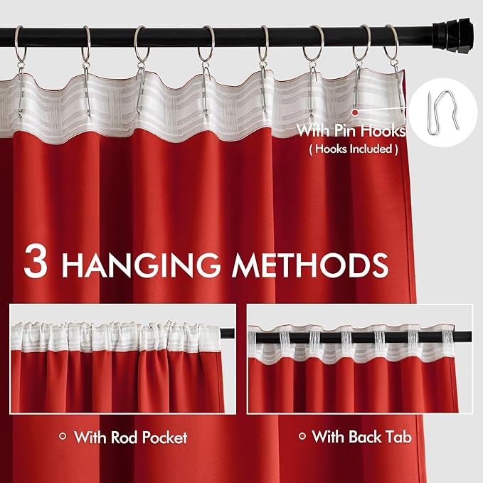 MIULEE Christmas Red Back Tab Blackout Curtains 52x108 Inch Long 2 Panels | Rod - Image 3