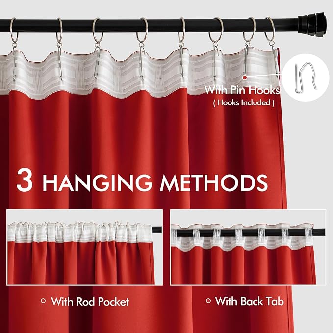 MIULEE Christmas Red Back Tab Blackout Curtains 52x102 Inch Long 2 Panels | Rod - Image 3